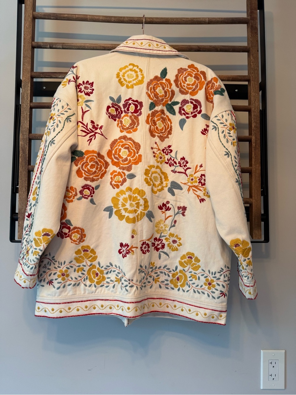We The Free Cream Embroidered Floral Jean Jacket with Yellow & Orange Flowers - Picture 2 of 10